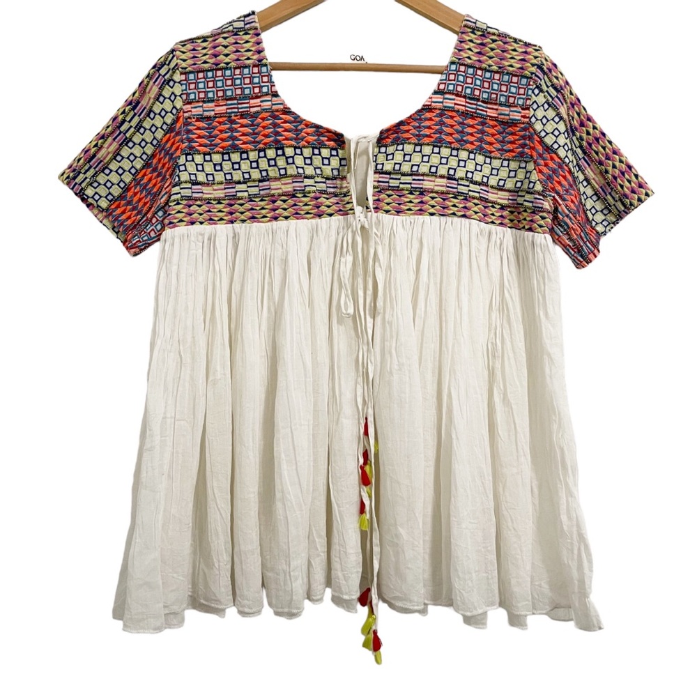 GOA Boho Embroidered Beaded Tassel Neck Crinkle Flowy Top NWT Size Small
